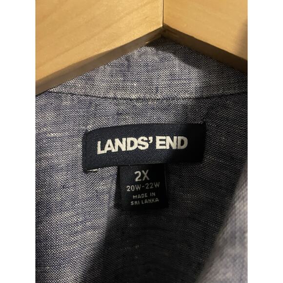 Lands End Womens Top 2X Blue Linen Button Up Short Sleeve Neutral Lagenlook - Picture 3 of 9